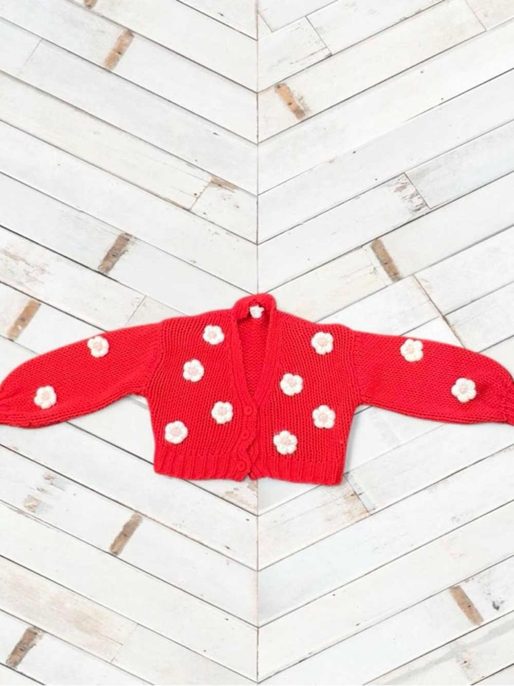 Red Cropped Knit Cardigan with White Flower Appliqués